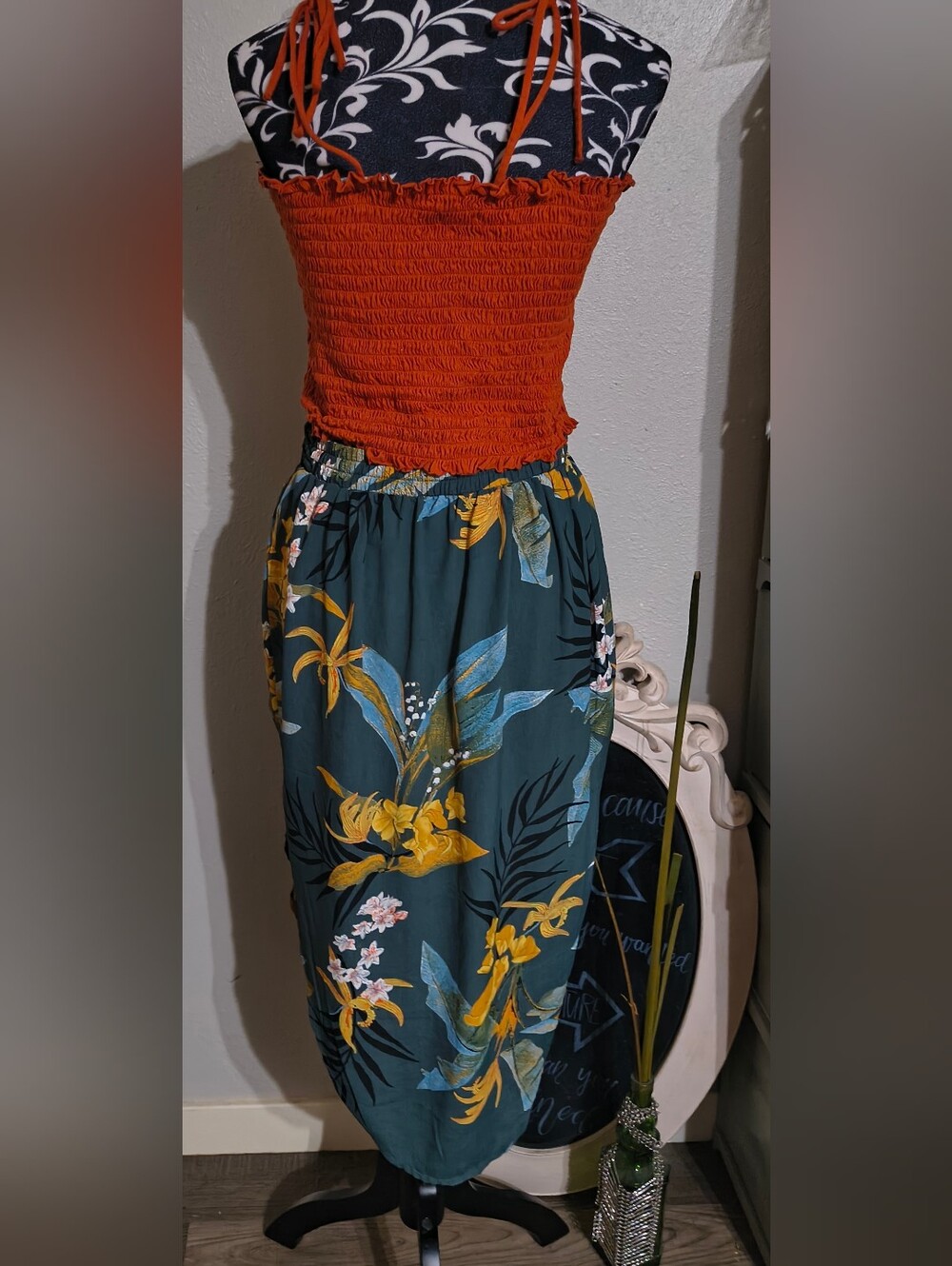 Tropical Print Elastic Waist Skirt - Teal with Yellow Floral - Picture 2 of 8